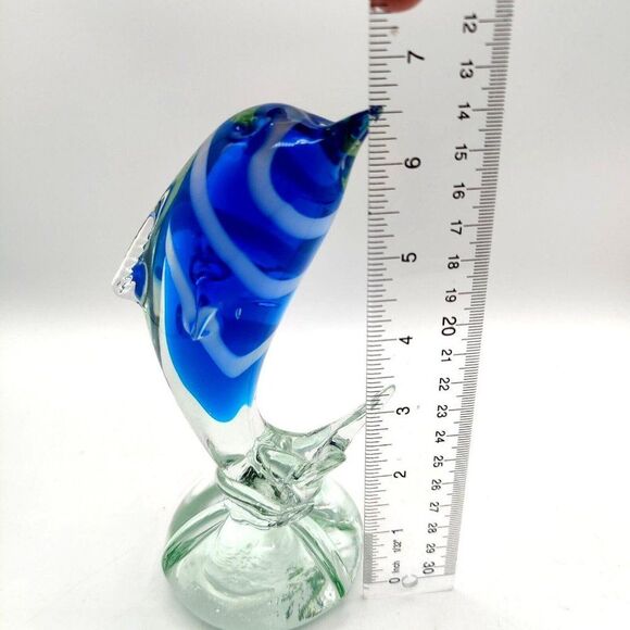 Vintage Striped Glass Dolphin Hand Blown Blue White Art Glass Sculpture 7" Rare - Picture 7 of 13